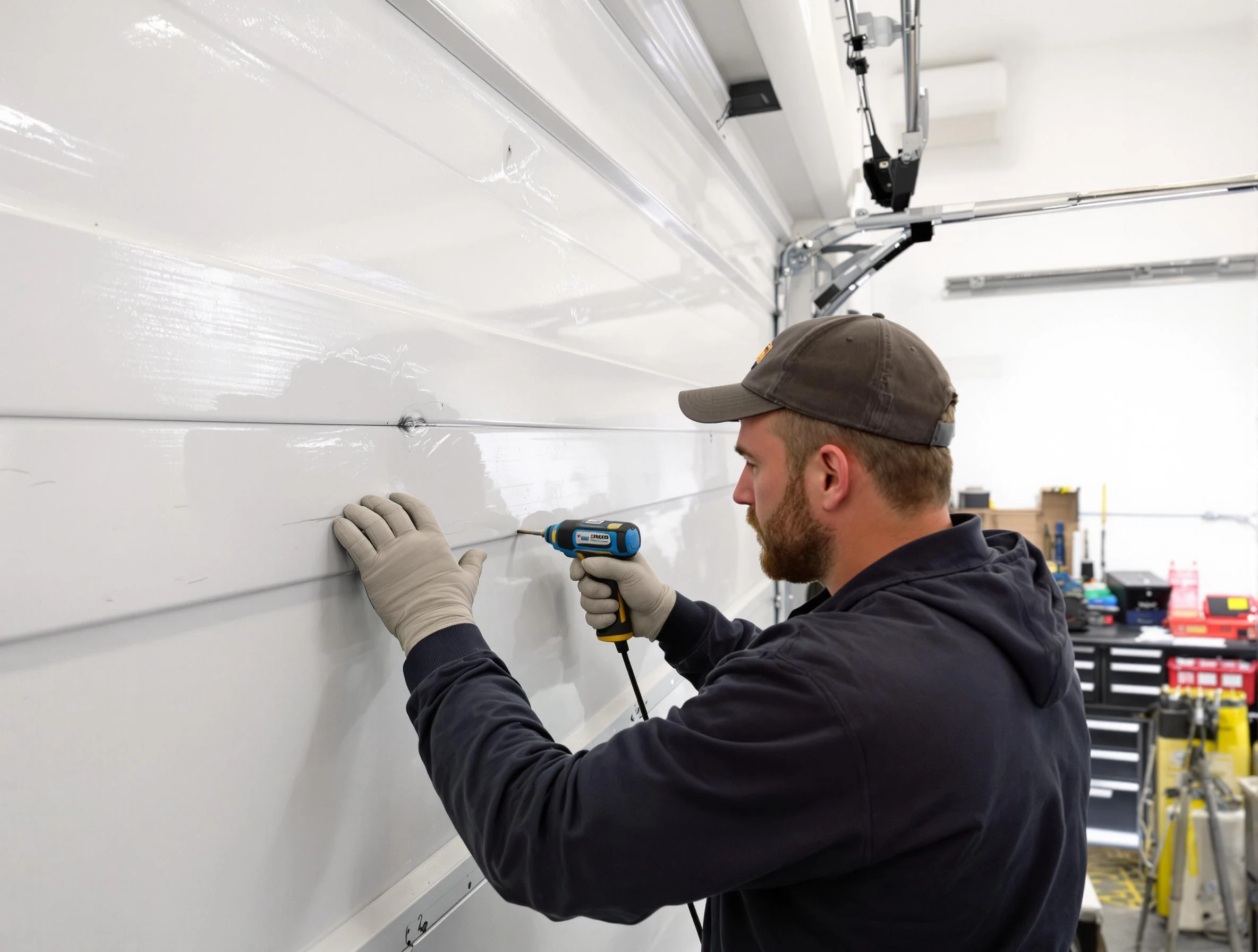 Peabody Garage Door Repair technician demonstrating precision dent removal techniques on a Peabody garage door
